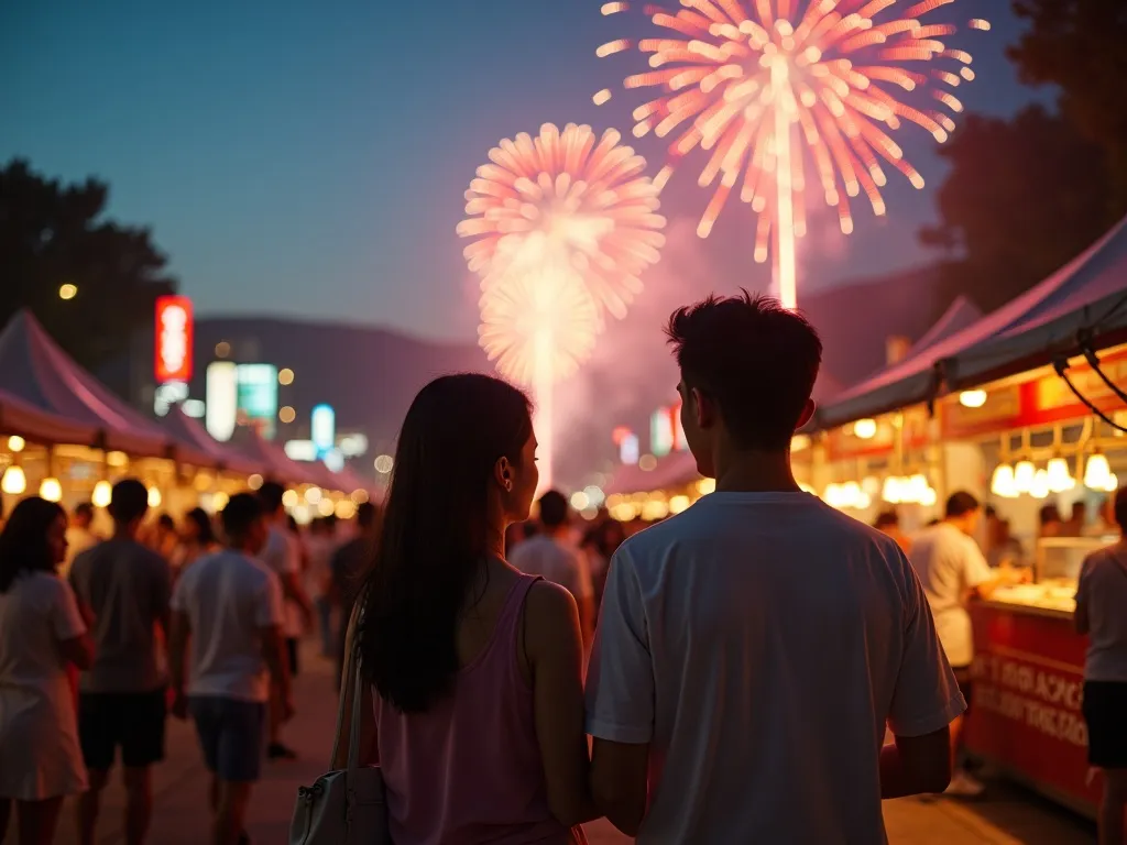 夏祭り。大勢の人。出店を見ているカップル。空には花火が上がっている